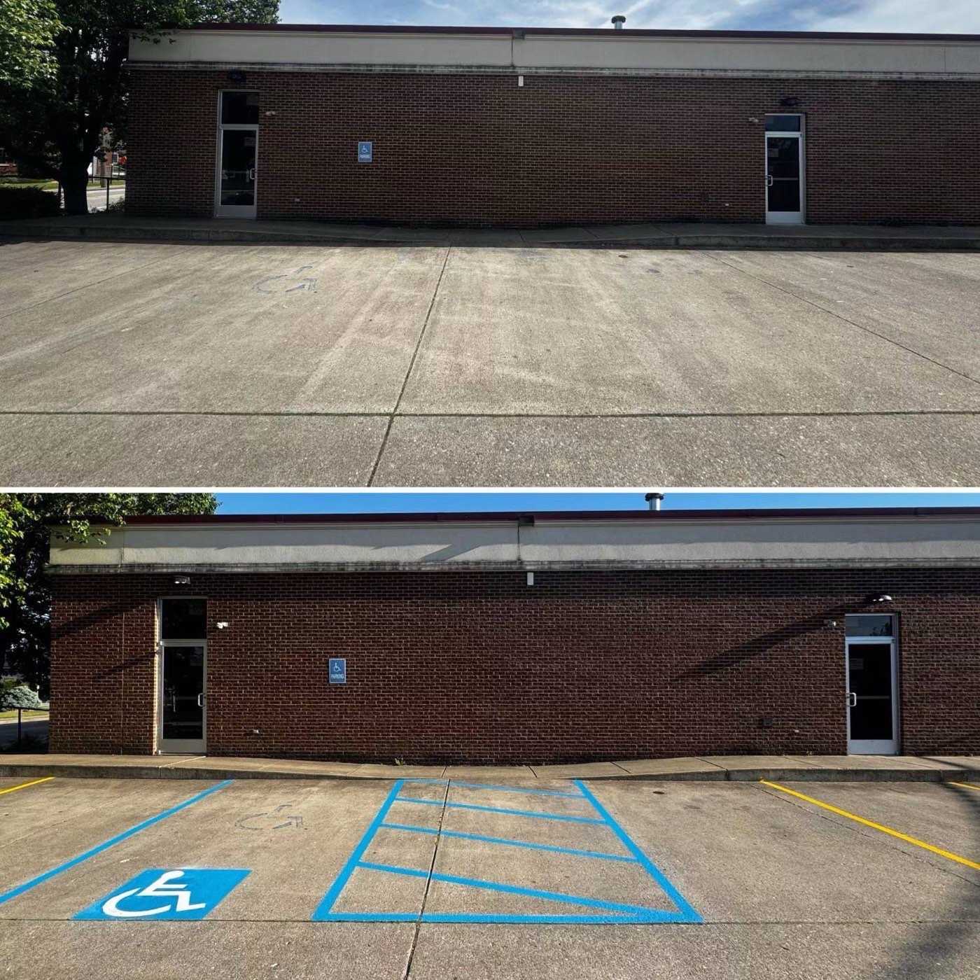 Before and after of a bare concrete bay beside a brick building, later marked with a blue accessible space, hatched aisle and yellow lines