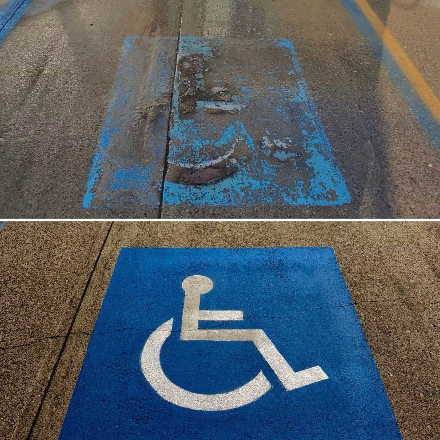 Before and after of an accessible parking symbol, worn and flaking above, repainted crisp blue and white below