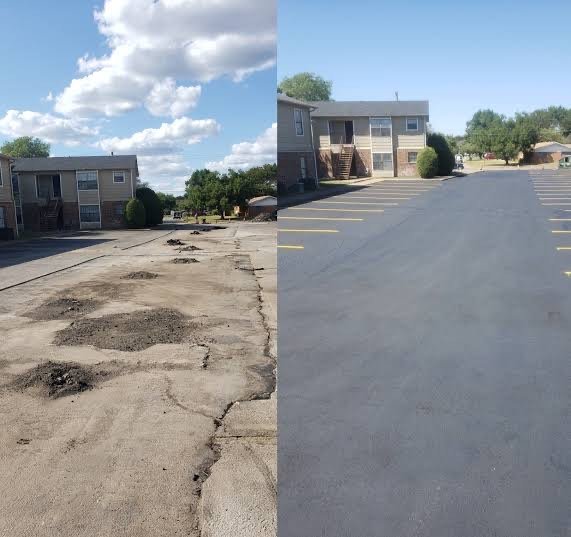 Before and after of an apartment parking lot, potholed and broken above, repaved and marked with yellow stalls below