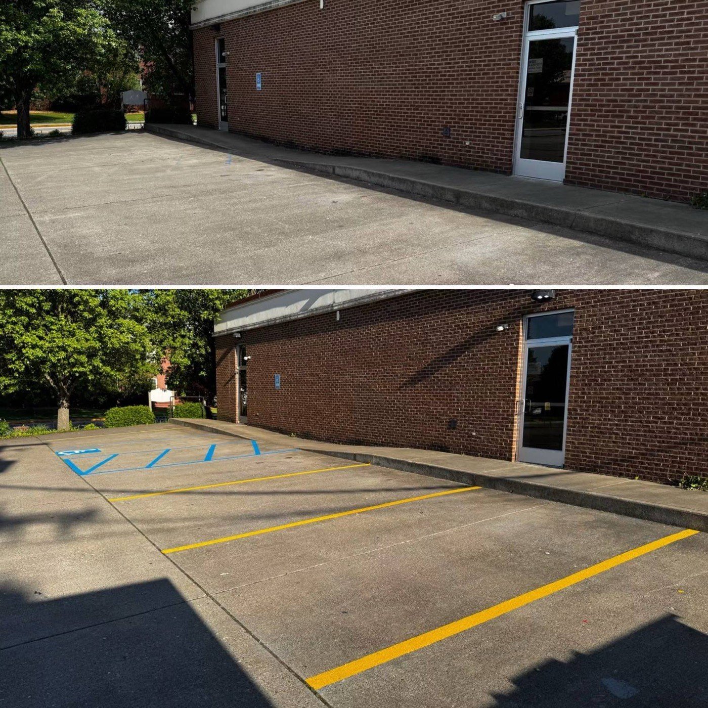 Before and after of an unmarked concrete parking area, later laid out with yellow stall lines and a blue accessible bay