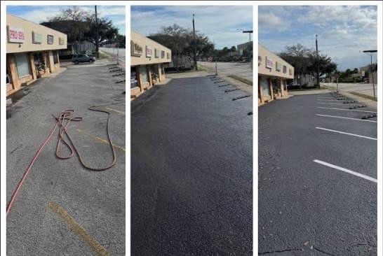 Three-panel sequence of a strip mall lot showing the surface before sealcoating, freshly sealed, and finished with new white stall lines