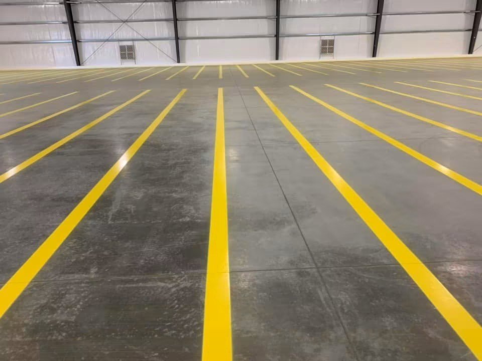 Yellow parking bay lines painted across a polished concrete warehouse floor